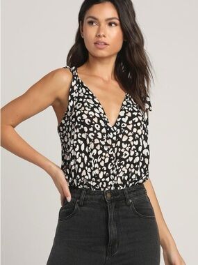 Free People Bare it All Black Animal Print Tie-Strap Bodysuit Size Small